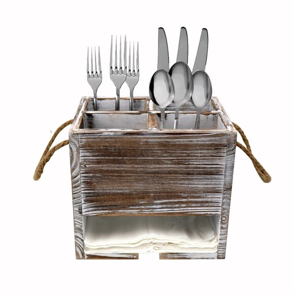 Farm house rustic look Silverware Caddy With Handle Wooden Utensil Napkin Holder - Picture 2 of 4